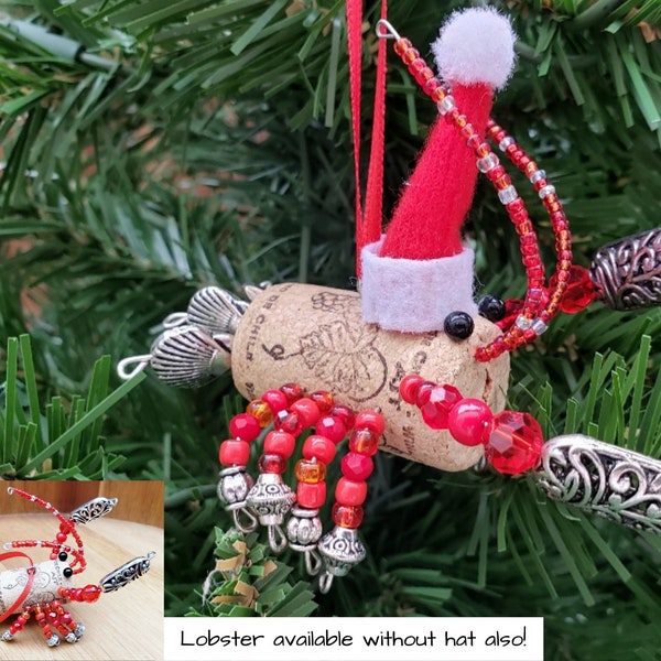 Wine Cork Lobster Christmas Ornament, Nautical Coastal Theme Tree, Mantel, Tiered Tray, Unique Ornament Exchange Gift Idea, Santa Hat Decor