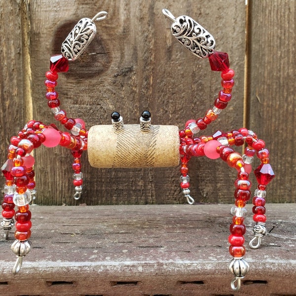 Red Crab Figurine, Beach House Decor, Tiki Bar Decor, Wine Cork Ornaments, Beach Wine Decor, Nautical Desk Decor, Gift For Wine Drinkers