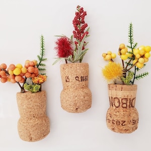 Spring Flower Fridge Magnets, Set of 3 Champagne Corks, Artificial Plant Cubicle Decor, Small Gift for Friend, Unique Wedding Favor Ideas image 1