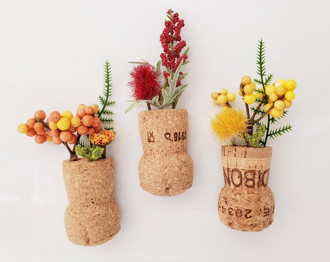 Spring Flower Fridge Magnets, Set of 3 Champagne Corks, Artificial Plant Cubicle Decor, Small Gift for Friend, Unique Wedding Favor Ideas