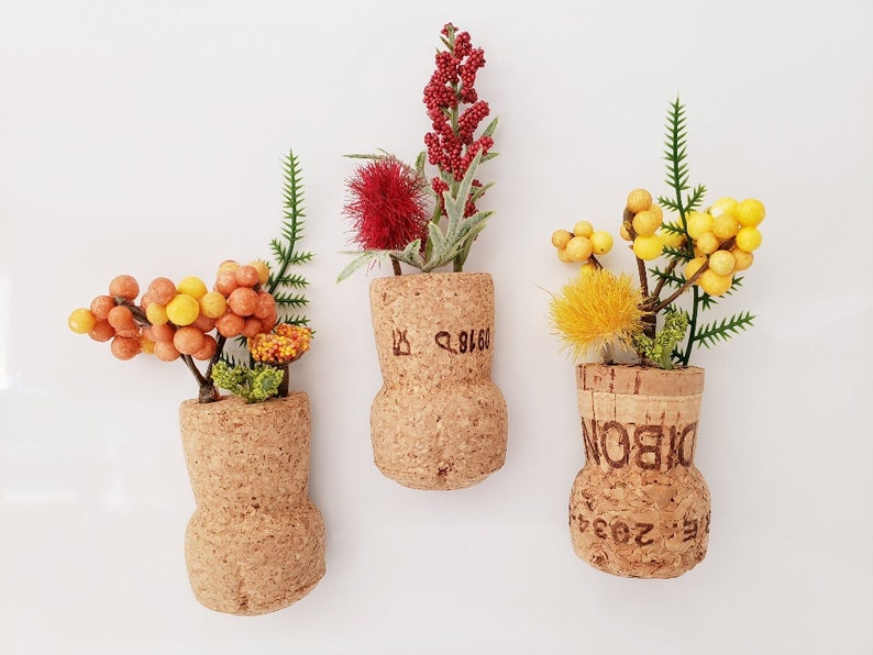 Spring Flower Fridge Magnets, Set of 3 Champagne Corks, Artificial Plant Cubicle Decor, Small Gift for Friend, Unique Wedding Favor Ideas image 1