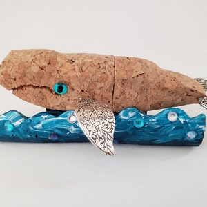 Champagne Cork Whale on Wine Cork Waves, Unique Gift for Whale Lover, Ocean Theme Tiered Tray Decor Nautical Beachy Cubicle Desk Accessories