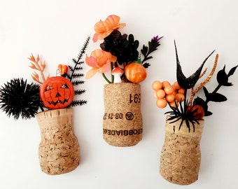 Cute Halloween Pumpkin Fridge Magnets, Set of 3 Champagne Corks with Artificial Flower and Plant Pieces, Fun Unique Kitchen Decor Gift