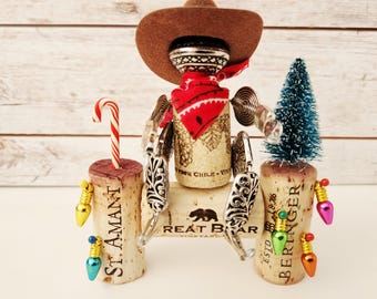 Wine Cork Cowboy Christmas Decor, Unique Gift Idea for Rodeo Cowboy or Cowgirl, Cute Wine Themed Home Accessories for Western Ranch House