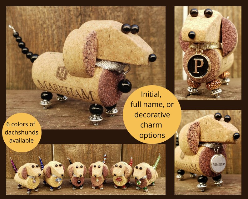 May include: Six miniature dachshund figurines made from wine corks. The dachshunds are in various colors, including brown, black, and white. Each dachshund has a small charm hanging from its neck. The charms include a bow tie, a heart, and a star. The dachshunds are standing on a wooden surface.