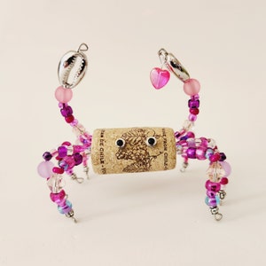 Wine Cork Beaded Pink Crab Figurine, Unique Gift Idea for Beach House, Table Decor for Beachy Bridal Shower, Special Gift for Wine Lover