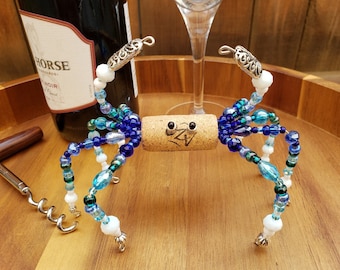 Wine Cork Blue and White Crab, Beachy Wedding and Housewarming Gift Idea, Cute Crustacean Ornament for Coastal Nautical Office or Cubicle