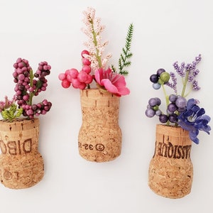 Fun Fridge Magnets, Set of 3 Champagne Cork Purple and Pink Faux Flower Cubicle Decor, Small Gift for Coworker, Unique Wedding Favor Ideas