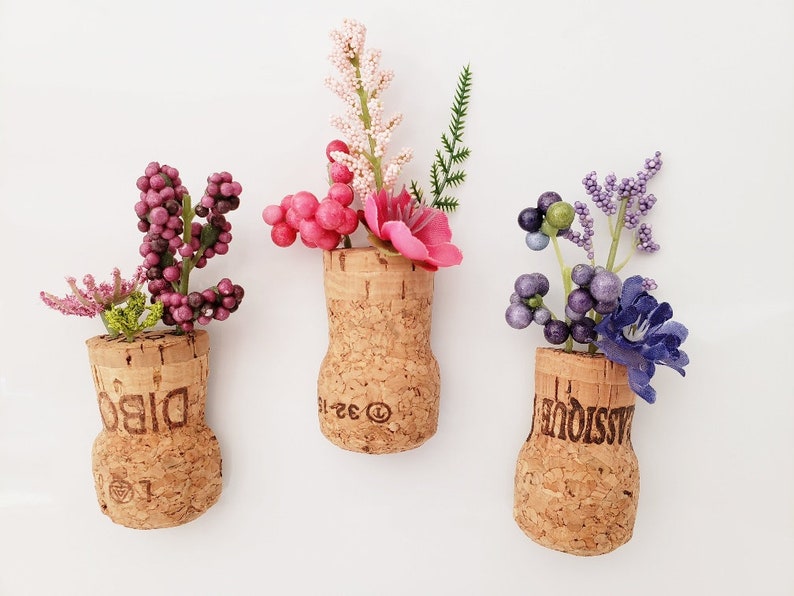 Spring Flower Fridge Magnets, Set of 3 Champagne Corks, Artificial Plant Cubicle Decor, Small Gift for Friend, Unique Wedding Favor Ideas image 2