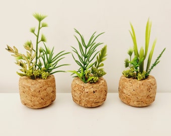 Set of 3 Champagne Cork Artificial Desk Plants, Cute Gift for Crazy Plant Lady, Mini Decor for Cubicle, Shelf, Mantel, Tiered Tray, Bar Cart