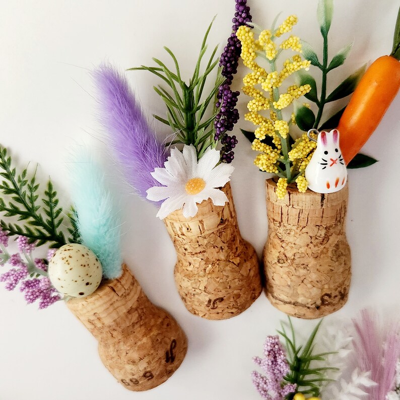 Cute Spring Flower Fridge Magnets, Set of 3 Champagne Corks with Faux Plants, Colorful Cubicle Locker Decor, Unique Wine Cellar Fridge Decor image 6