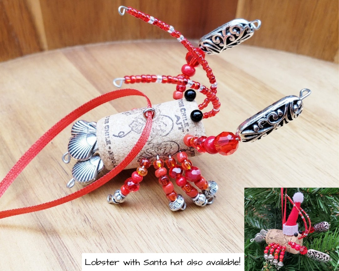 Wine Cork Lobster Ornament, Small Nautical Shelf Decor, Unique Red