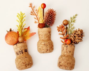 Fall Flower Magnets, Champagne Corks with Artificial Plants, Cute Thanksgiving Fridge Magnets, Fun Fall Aesthetic Cubicle Decor Gift Idea