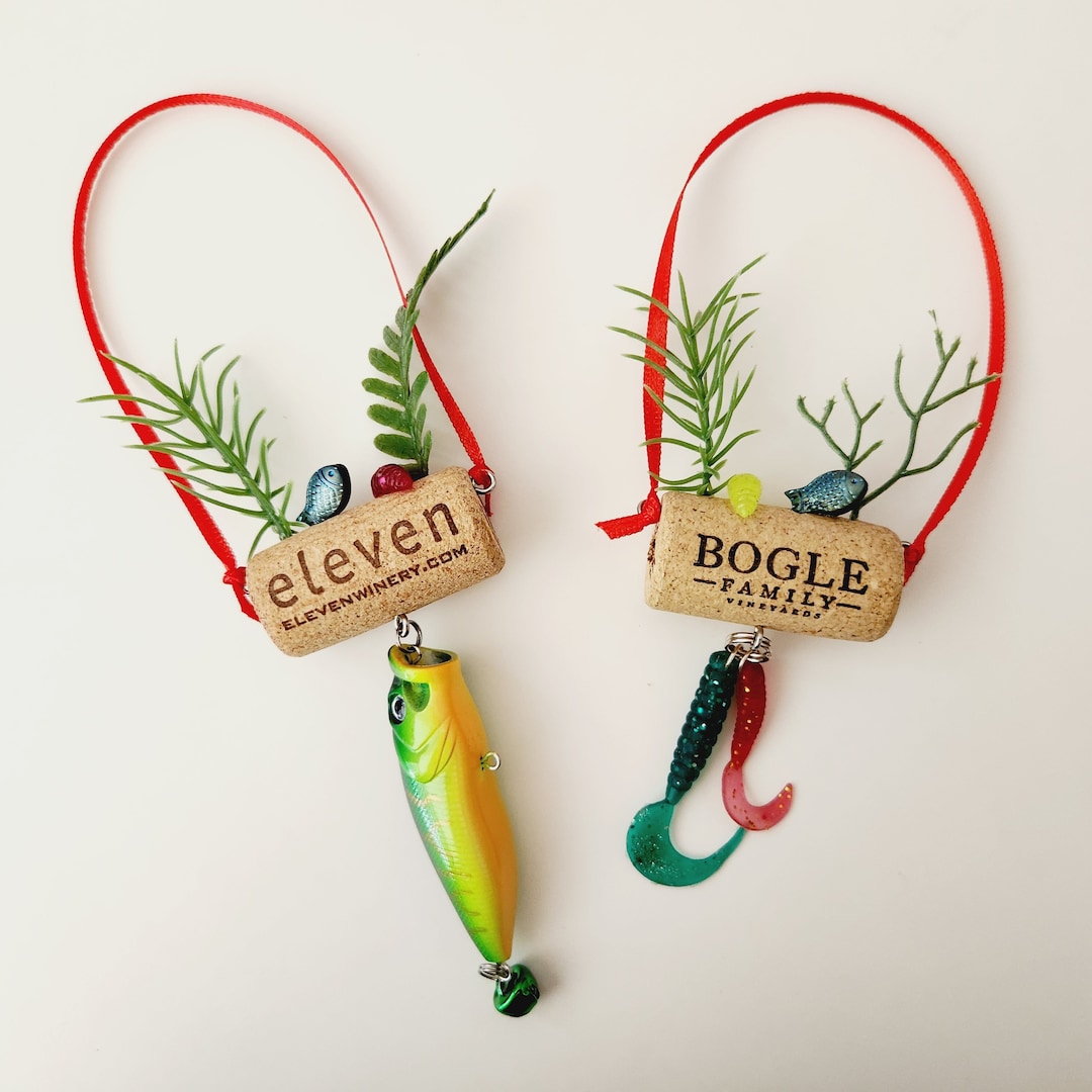 Fishing Ornament, Fishing Lure and Wine Cork Christmas Ornament, Small