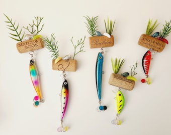 Fathers Day Fishing Gift, Set of 3 Wine Cork Fishing Lure Magnets for Mens Filing Cabinet Cabin Fridge, Small Gift for Hard to Shop for Dad