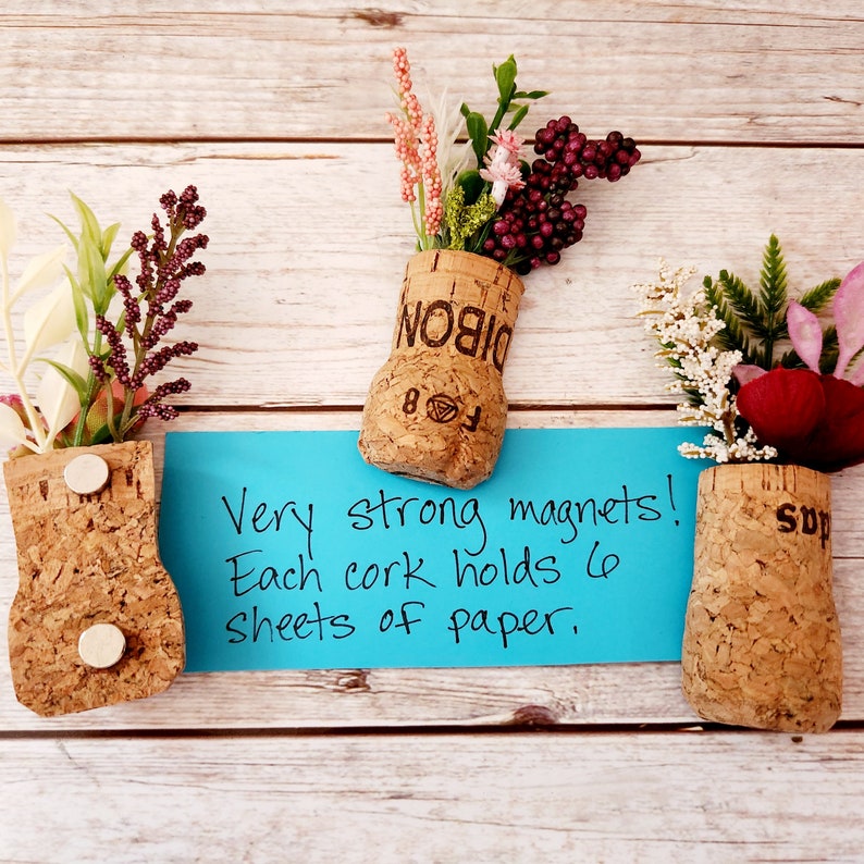 Cute Flower Fridge Magnets, Set of 3 Champagne Corks with Artificial Floral Plants, Small Rustic Wedding Favors, Locker or Cubicle Decor image 5