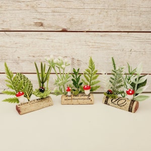 May include: Five cork stoppers with miniature plants and red and black mushroom decorations. The stoppers have text on them, including "Wise Villa Winery" and "Great Bear Vineyards".