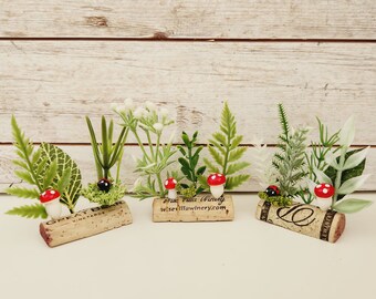 Enchanted Forest Wedding Decor, Set of 3 Wine Cork Faux Plants with Mushrooms/Ladybugs, Place Card Holders for Woodland Theme Wedding Favor