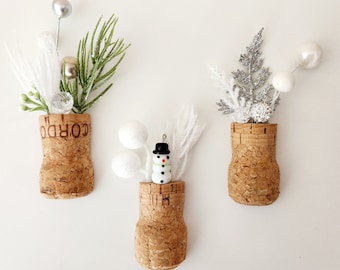 Christmas Fridge Magnets, Set of 3 Champagne Corks, Winter Wonderland Aesthetic, Cute Snowman Cubicle Decor, Unique Inexpensive Teacher Gift