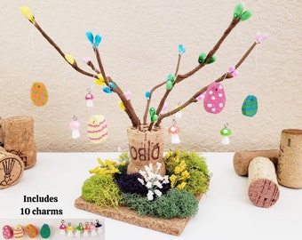 Champagne Cork Easter Tree with Mushroom Ornaments and Wine Cork Easter Eggs, Cute Pastel Decoration for Table, Cubicle, Desk, Tiered Tray