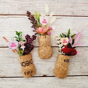 May include: Three small cork vases with pink and red flowers and greenery. Each vase has a pink heart-shaped candy with the text "Be Mine" attached.