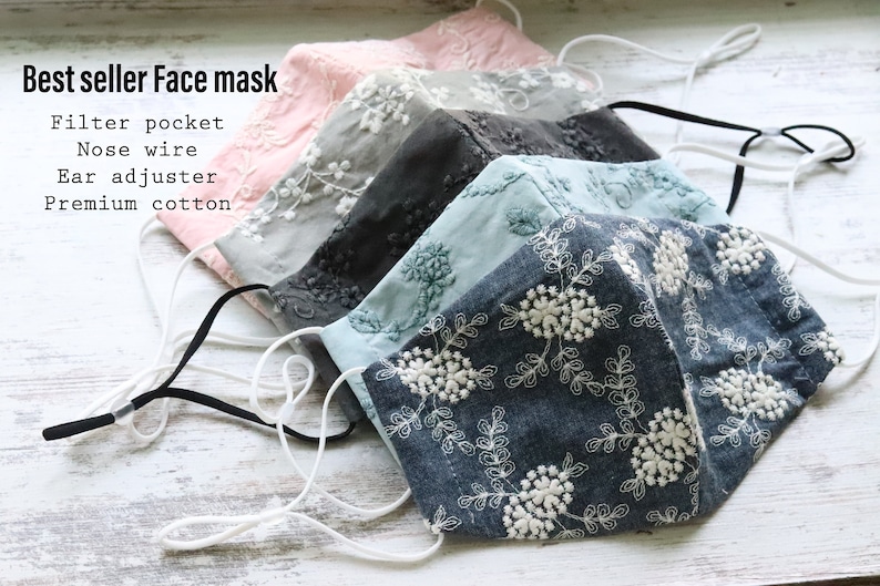 face mask with filter pocket/Embroidery Mask/face mask with nose wire/linen FACE MASK/fashion mask/springfacemask 