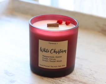 White Christmas Soy Candle: Wooden Wick, Essential Oils (10oz)