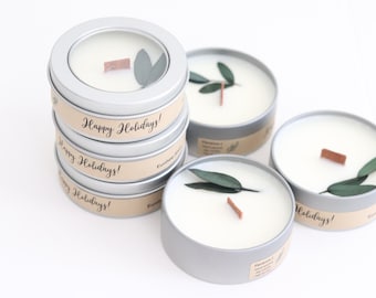 Eucalyptus Tin Candle: 2oz Soy Wax Wooden Wick, Dried Leaf Decor