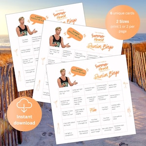 May include: A set of three printed bingo cards with the text "Summer House Reunion Bingo" and illustrations. The cards feature phrases and a cartoon image of a man. An orange circle with the words "Instant download" is also visible.