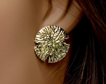 crumpled circle earrings, 925 sterling silver plated gold earrings, gold crumpled earrings, textured round earrings
