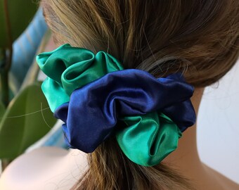 Green satin Hair scrunchies, blue satin hair scrunchie, Hair scrunchies for women, large satin hair scrunchies, blue hair accessories