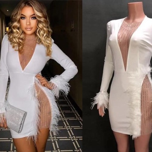 Sexy Feathered Sequins Mini Party Dress White Sexy Bodycon - Etsy New  Zealand