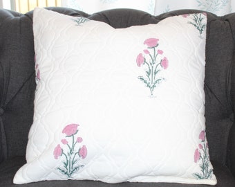 Pink Floral Cotton Pillow Cover, Block Printed Cushion Cover, Throw Pillow Cover, Home Decor, 18"x18", Decorative Pillow Case, Sofa Decor