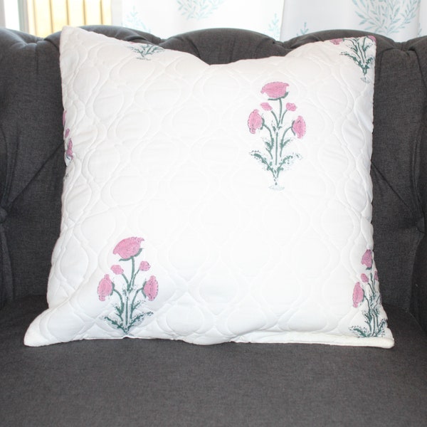 Pink Floral Cotton Pillow Cover, Block Printed Cushion Cover, Throw Pillow Cover, Home Decor, 18"x18", Decorative Pillow Case, Sofa Decor