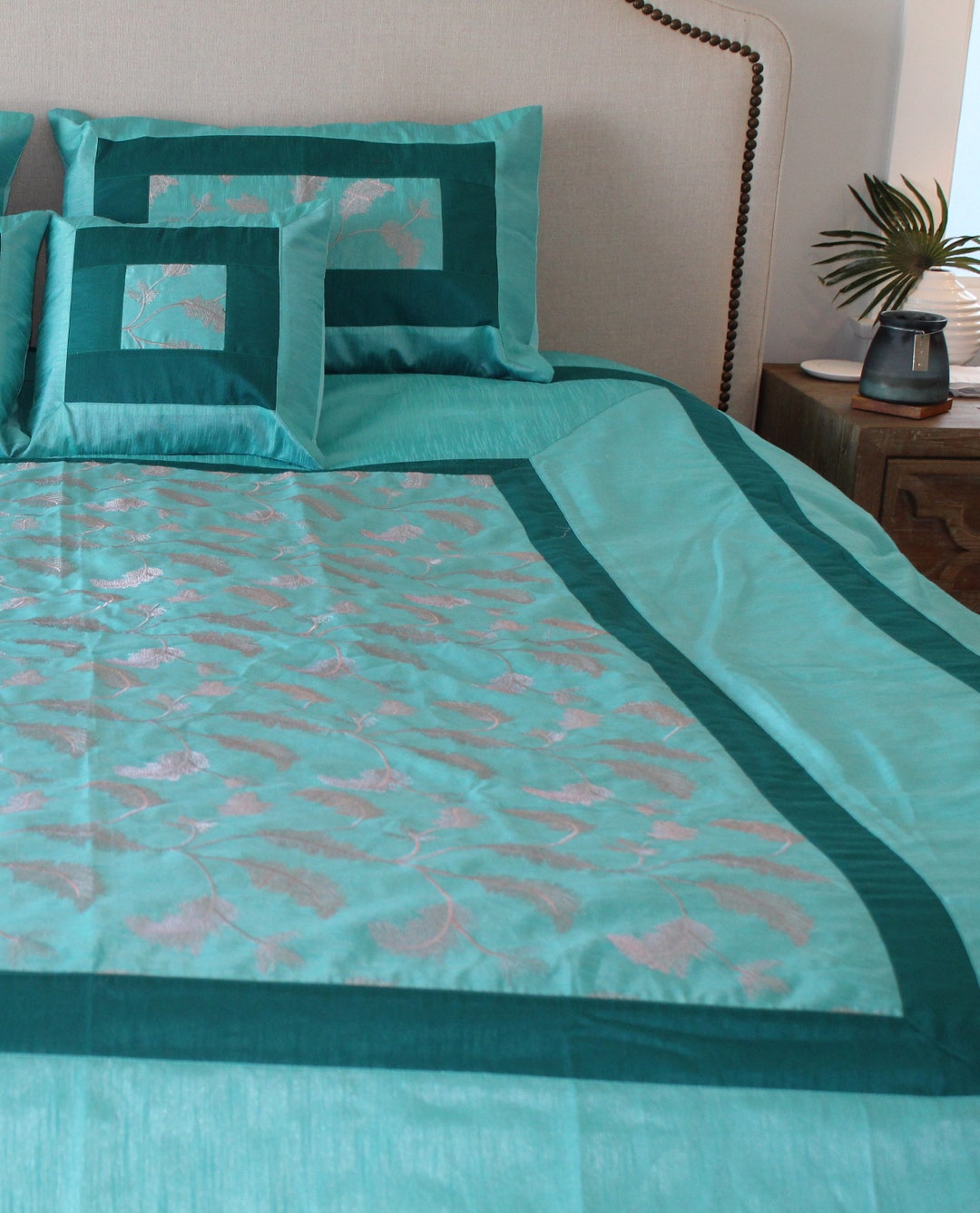 Blue Embroidered Silk Bedspread Set Luxury Bedspread 5 Piece Etsy