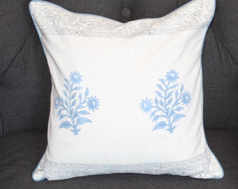 Blue flower motif Cotton Linen Pillow Cover, Block Printed Cushion Cover, Throw Pillow Cover, 16"x16", Decorative Pillow Cover, Sofa Decor