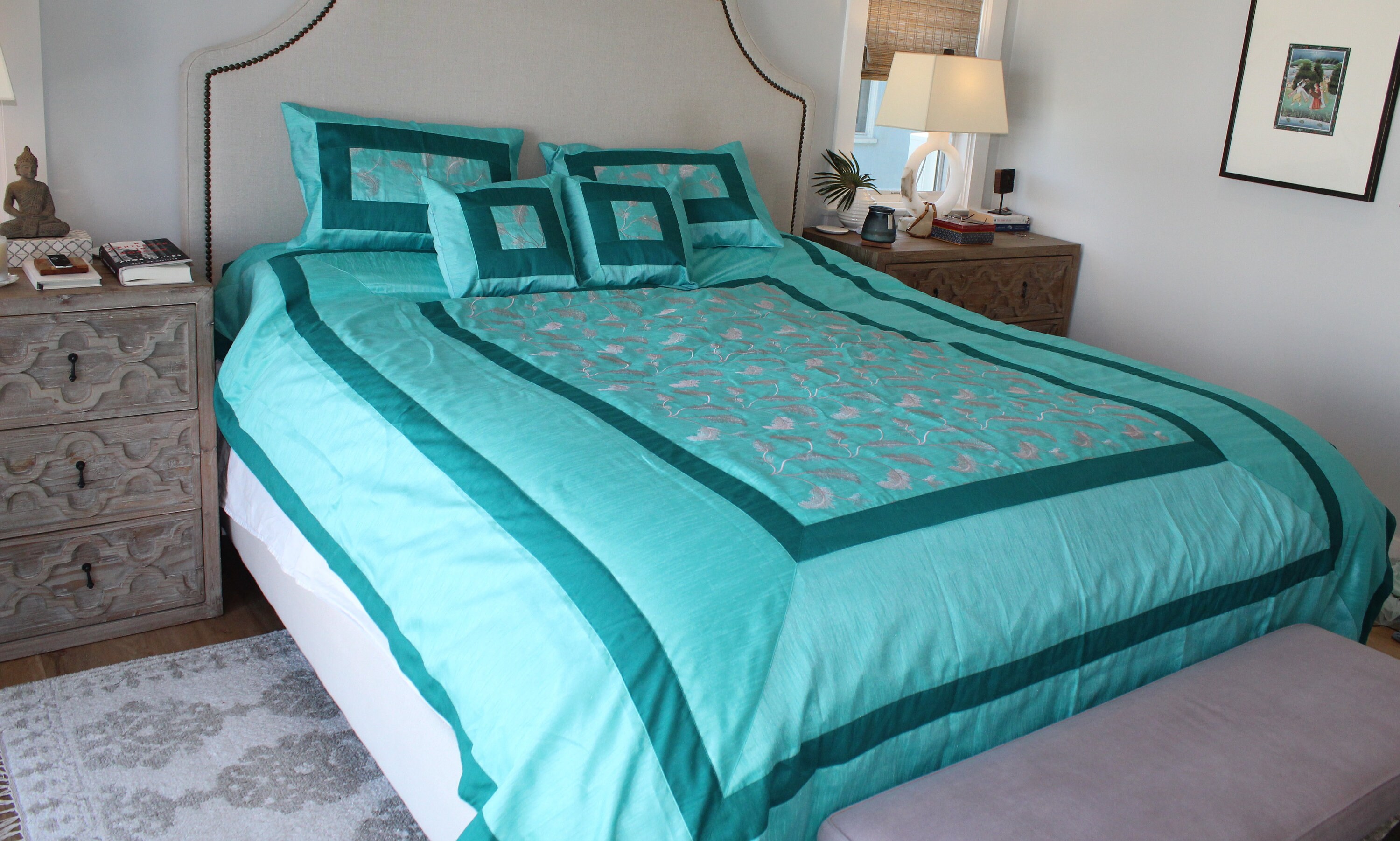 Blue Embroidered Silk Bedspread Set Luxury Bedspread 5 piece Etsy