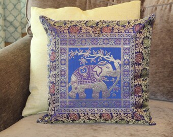 Elephant Design Silk Brocade Cushion Cover Set, Silk Cushion Cover, Throw Pillow Cover, Pillow Cover, Home Decor, 16"x16, Set of 2", Blue