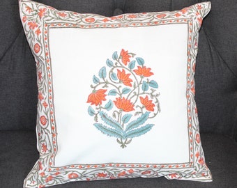 Orange flower motif Cotton Linen Pillow Cover, Block Printed Cushion Cover, Throw Pillow Cover, 16"x16", Decorative Pillow Cover, Sofa Decor