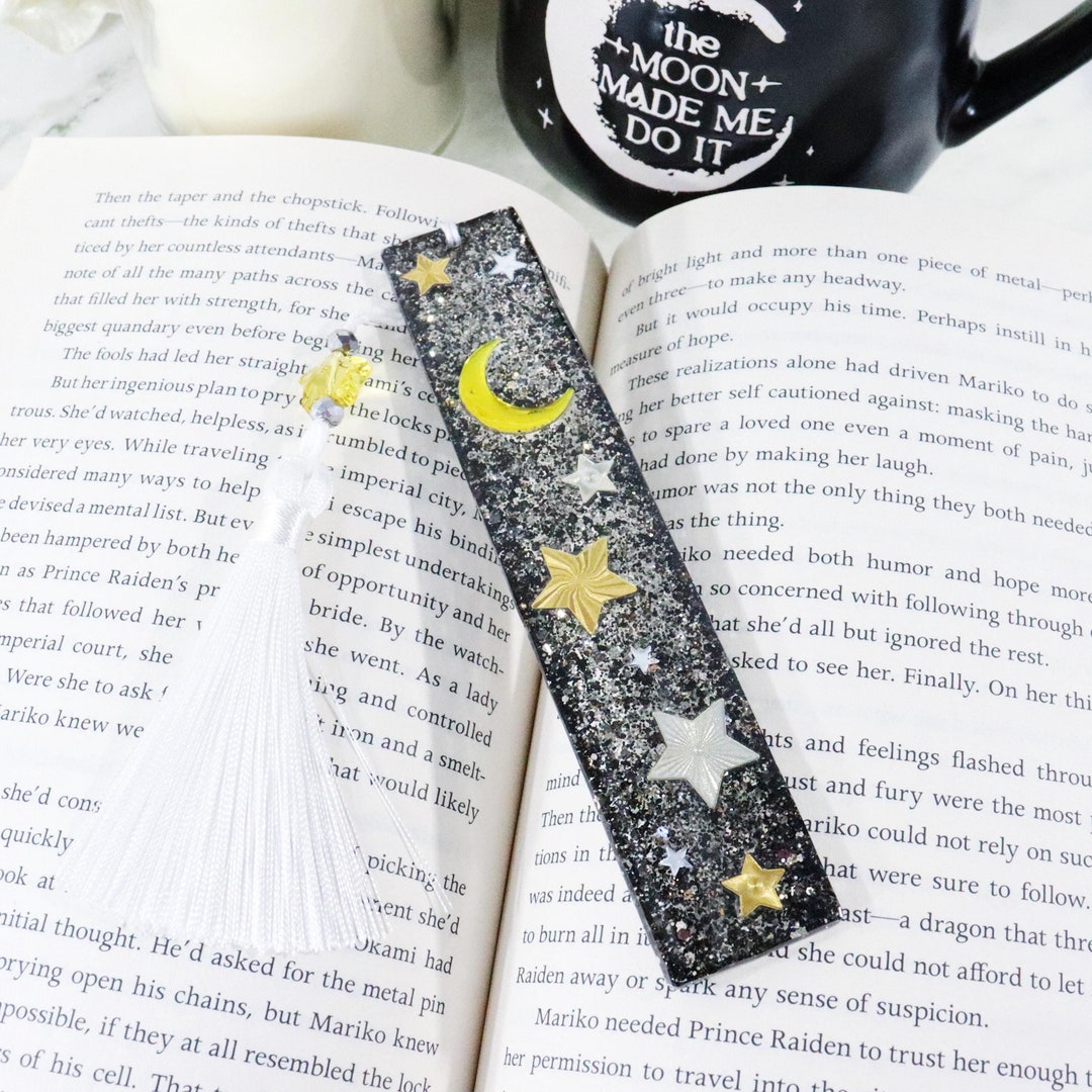 Sparkling Moon and Stars Bookmark With Star Beaded Tassel | Glitter ...