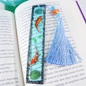 Koi Fish Bookmark with Beaded Tassel | Fish Pond with Koi and Lily Pad Book Marker | Resin Book Mark | Unique Book Accessories | Reader Gift