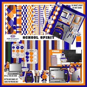 Puede incluir: Un collage digital de imágenes prediseñadas con temática escolar que incluye una mochila, cuadernos, lápices y una computadora portátil. Los colores son azul, naranja y negro. El texto "School Spirit" aparece en la imagen.