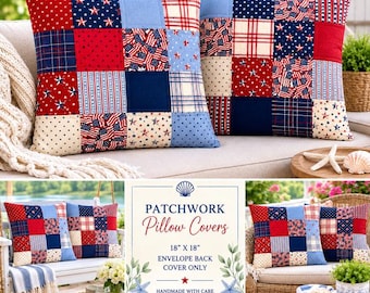 America 250 Patchwork Pillow Cover | Patriotic Quilted Pillow Cover | Red White & Blue Decor | Fourth of July Throw Pillow Cover 18x18