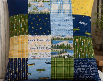 Lake House Patchwork Pillow Cover | 18x18 Quilted Pillow Cover | Cottage Decor | Cabin Throw Pillow | Envelope Back | Lake House Decor