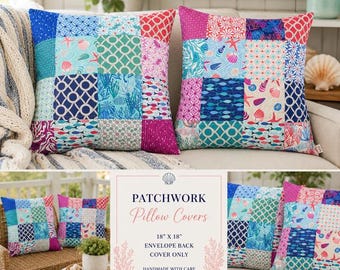 Patchwork Pillow Cover | SUMMER COLLECTION 2026 | Coastal Pillow Cover | Beach House Décor | Cottage Core | Envelope Pillow Cover