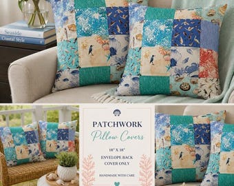 Patchwork Pillow Cover | SUMMER COLLECTIONS 2026 | Coastal Pillow Cover | Beach House Decor | Cottage Core | Envelope Pillow Cover