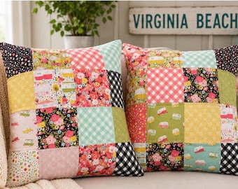 Vintage Camper Patchwork Pillow Cover | 18x18 Quilted Throw Pillow | RV Decor | Glamping Decor | Cottagecore Pillow