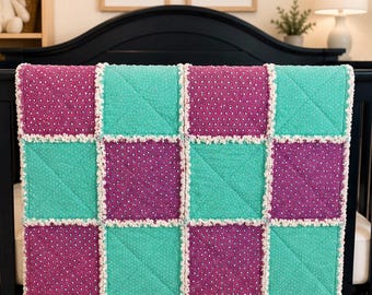 Aqua & Magenta Baby Rag Quilt | Colorful Handmade Baby Quilt | Checkerboard Baby Quilt | Baby Shower Gift