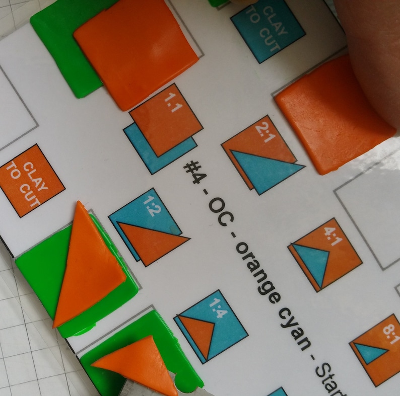 May include: A white sheet of paper with instructions for a craft project. The instructions are labeled "#4 - OC - orange cyan - Star" and include a series of diagrams showing different shapes and sizes of orange and cyan colored triangles. The instructions also include the ratios of the shapes, such as 1:1, 1:2, 2:1, 4:1, and 8:1.