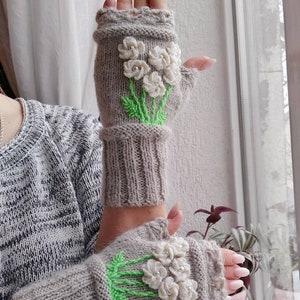 Hand Knit Fingerless Wool Gloves: Embroidered Flowers, Beaded Mittens
